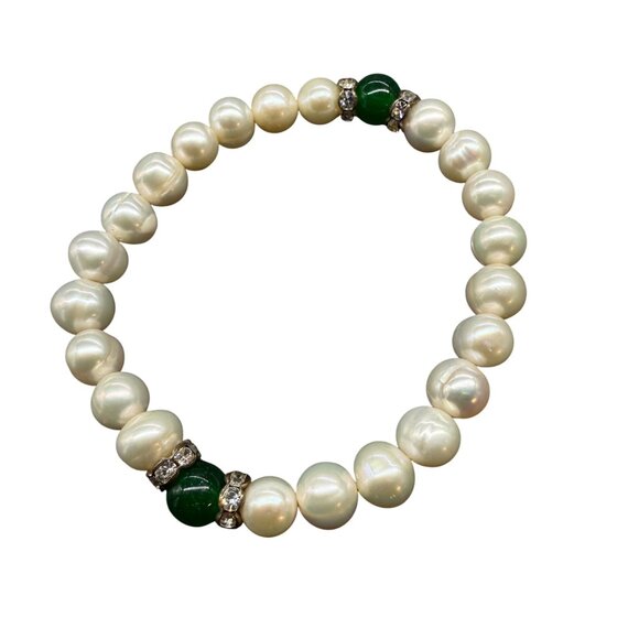 Cream Green Pearl Beaded Rhinestone Stretch Bangle Bracelet Minimalist - Picture 2 of 4